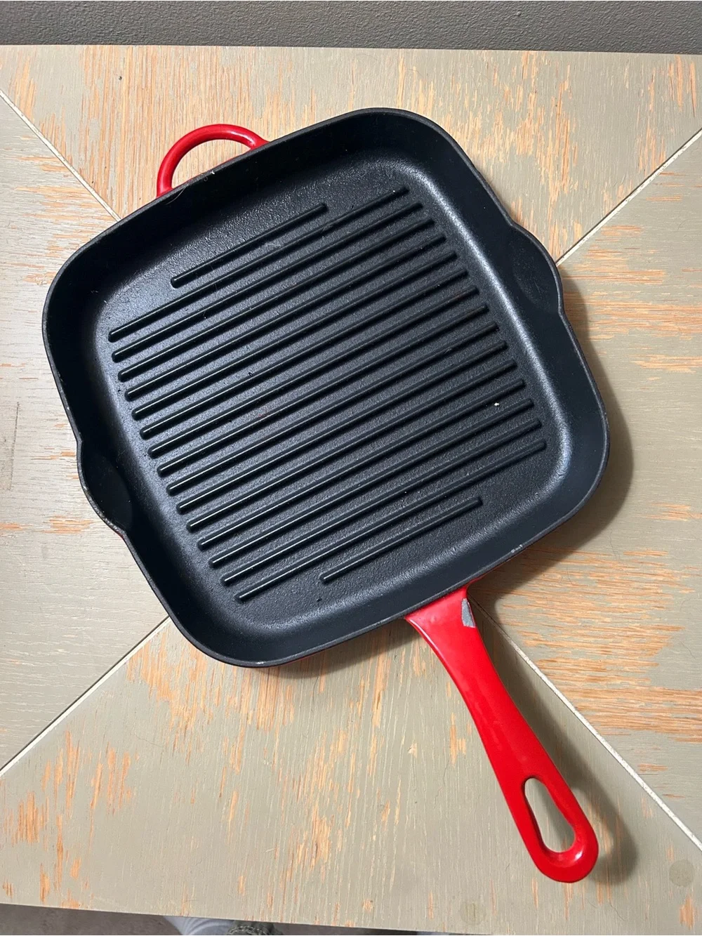 Red-Handled Square Cast Iron Grill Pan — Durable Nonstick Searing Skillet